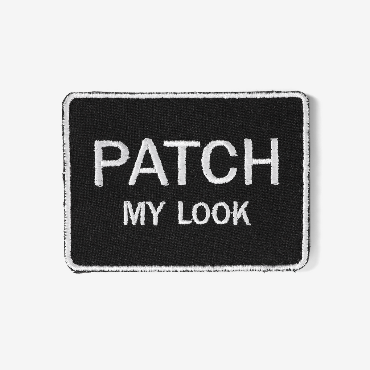Брендовий патч Patch My Look 8×6 з білою вишивкою на чорному тлі